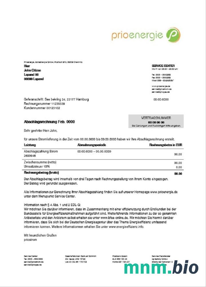 Niemcy Prioenergie proof of address rachunek za media